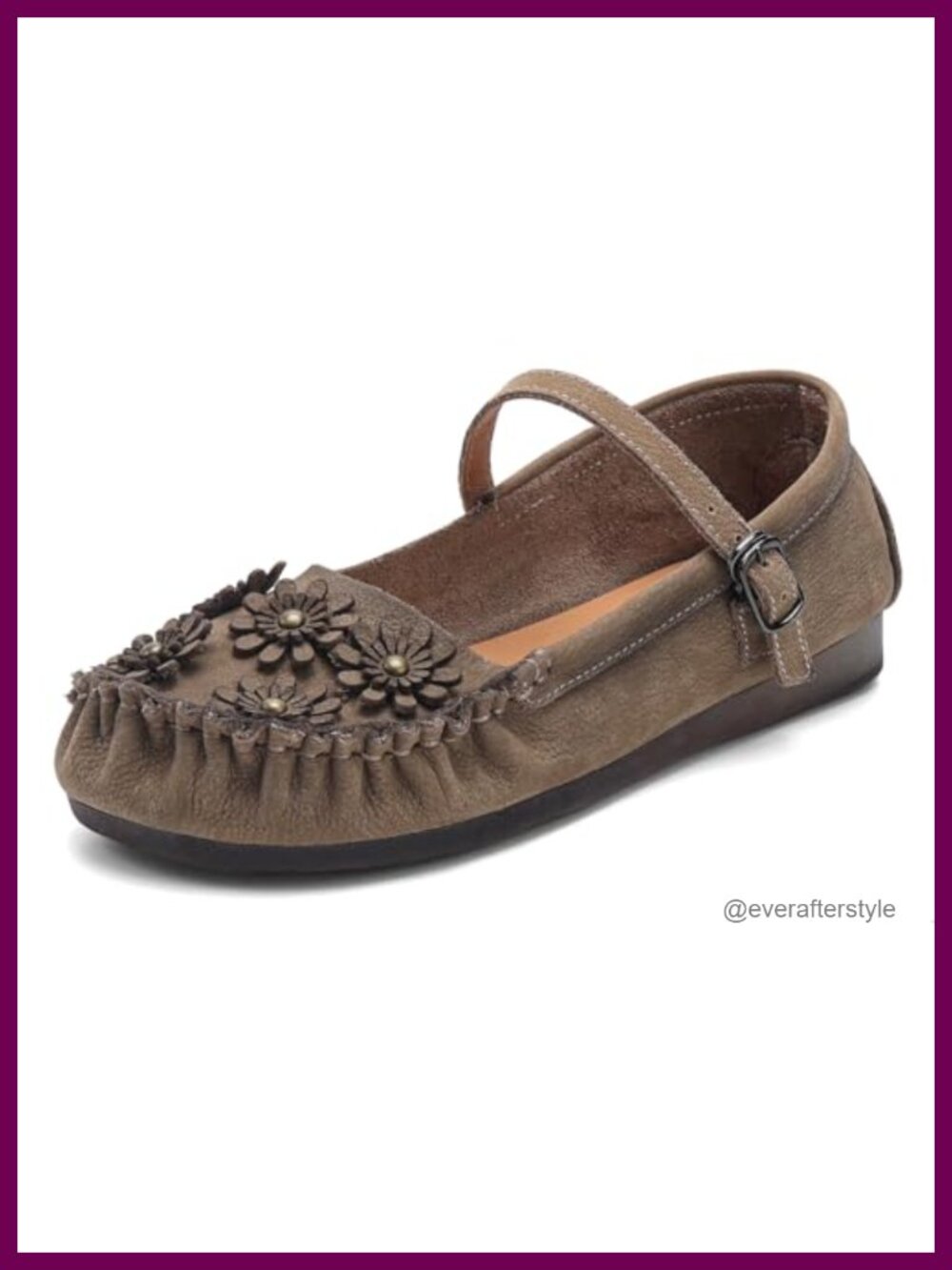 Mary Jane Flats with Buckle Floral Cow Leather Comfortable Non-Slip Dress